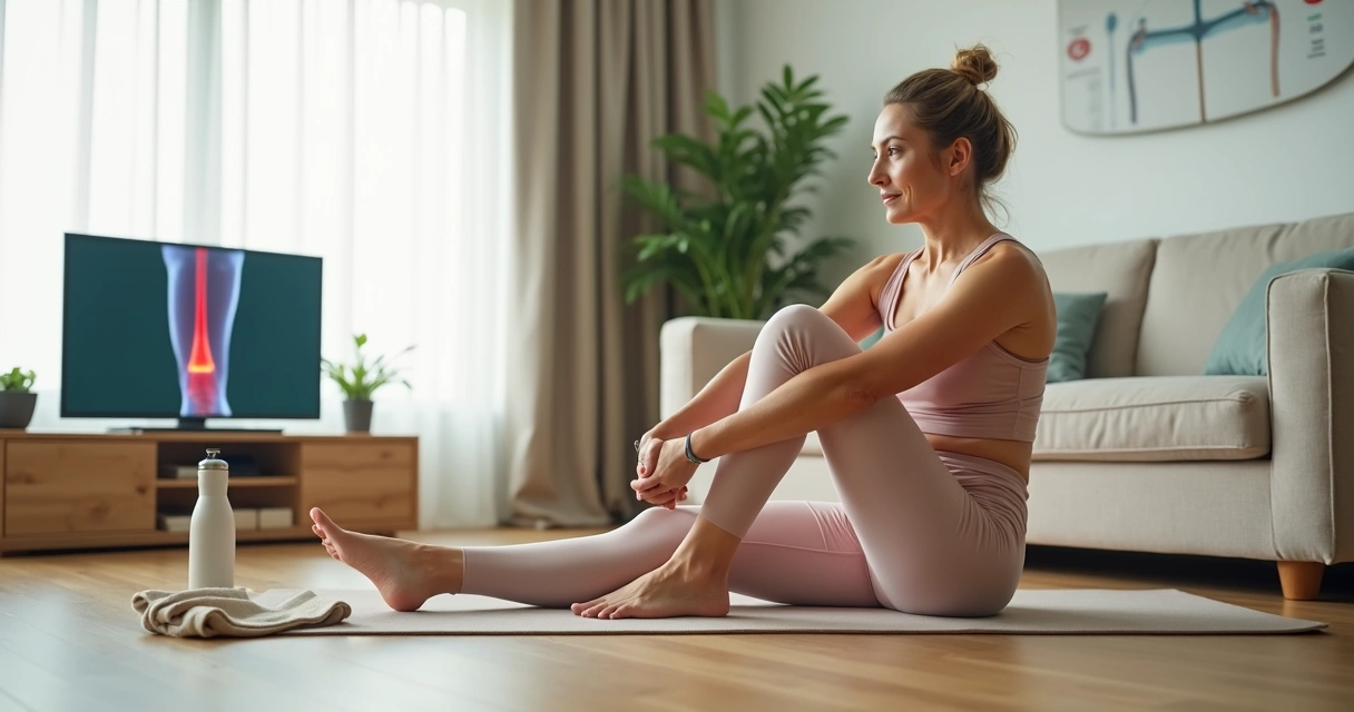Mulher em casa fazendo alongamento de pernas para prevenir varizes 
