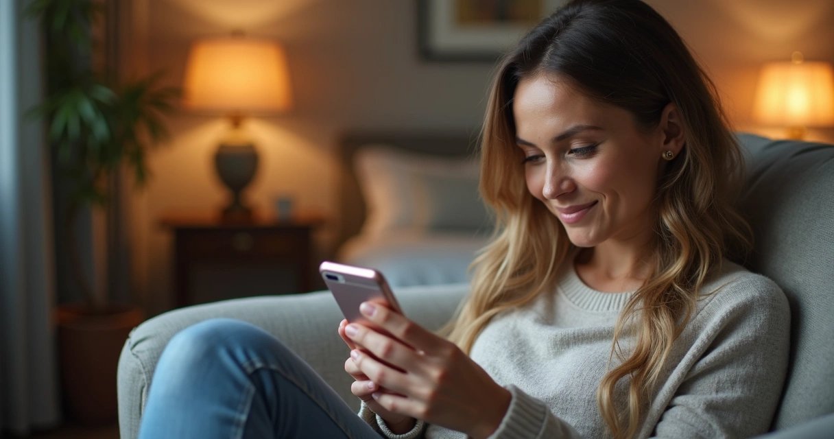 Mulher usando smartphone com tela mostrando aplicativo de bem-estar digital em ambiente privado e iluminado suavemente 