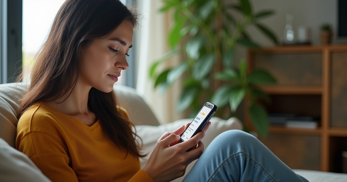 Mulher jovem pesquisando dentista no celular 