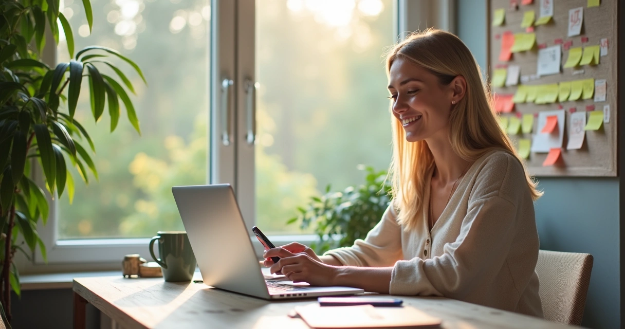 Mulher produtiva trabalhando em casa com notebook, café e celular