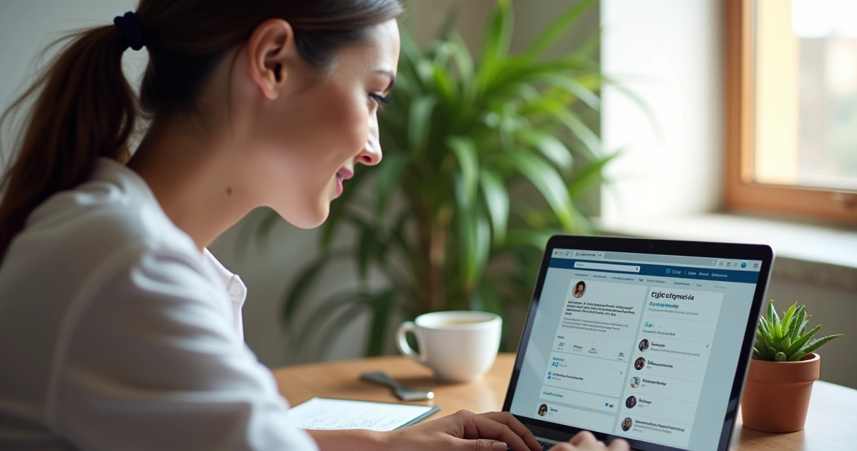 Mulher organizando perfil profissional no LinkedIn. 