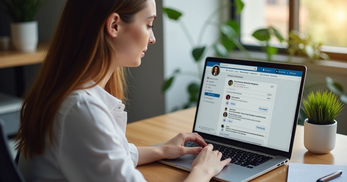 Consultora usando LinkedIn para prospecção B2B na tela do laptop 