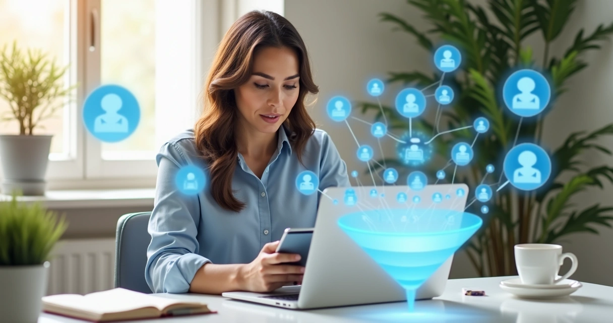 Mulher usando notebook e smartphone com ícones do Telegram e funil de clientes em destaque 