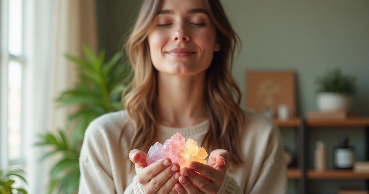 Mulher com cristais para proteção energética