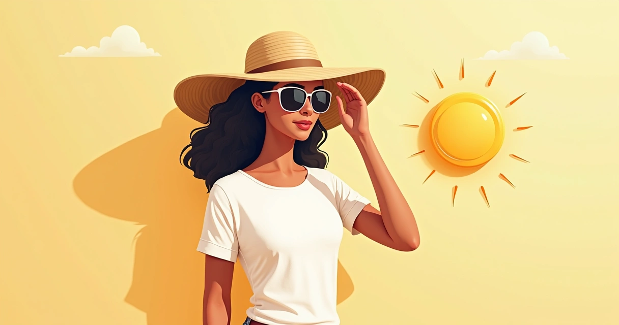 Mulher protegendo o rosto do sol com chapéu de aba larga e óculos 