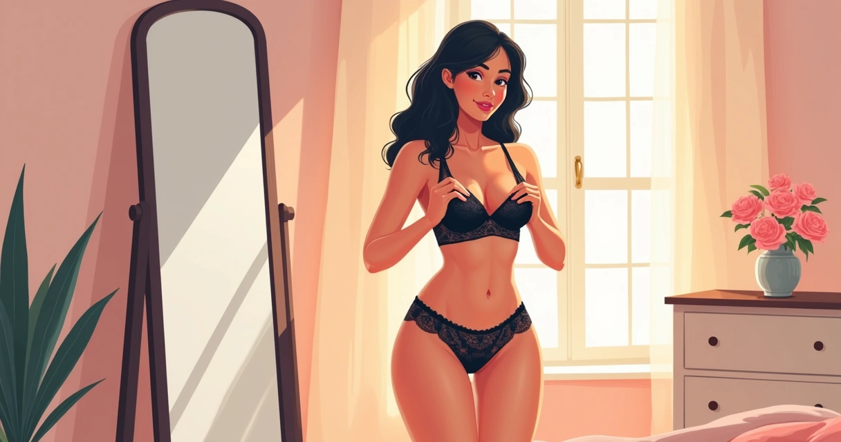 Mulher vestindo lingerie erótica diante do espelho 