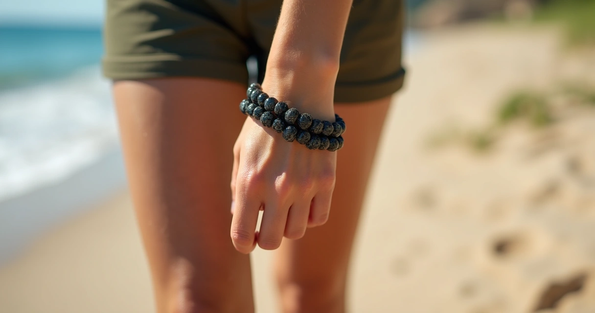 Mulher com pulseira de pedra de proteção caminhando na praia 