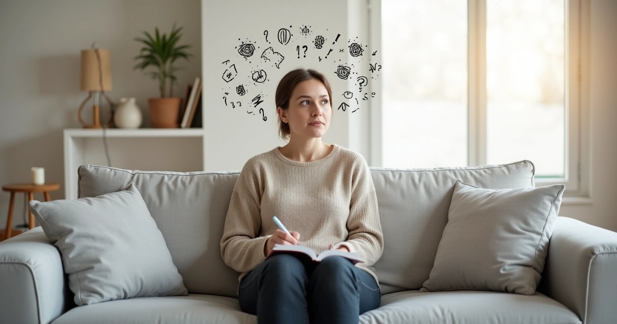 Mulher em reflexão serena quebrando um padrão de autocrítica 