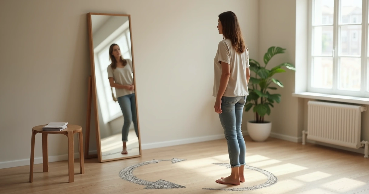 Mulher observando seu reflexo fragmentado em espelho e rompendo um ciclo desenhado no chão 