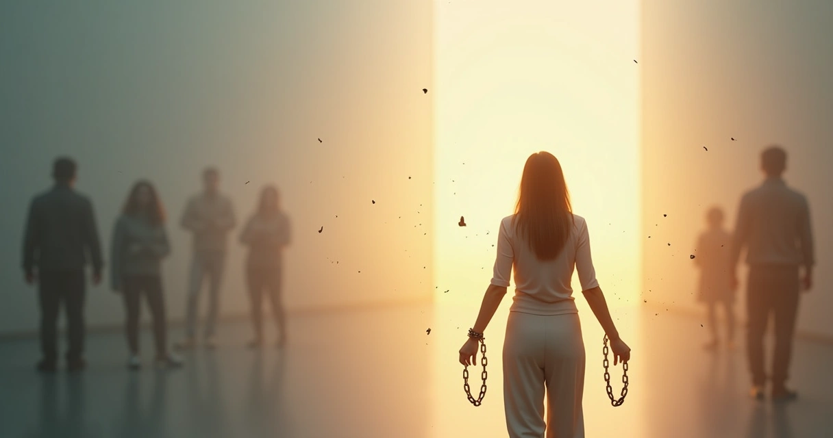 Mulher adulta quebrando correntes simbólicas e caminhando em direção à luz 