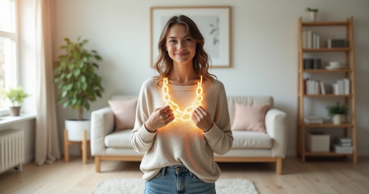 Mulher se libertando de correntes simbólicas em ambiente claro e sereno 