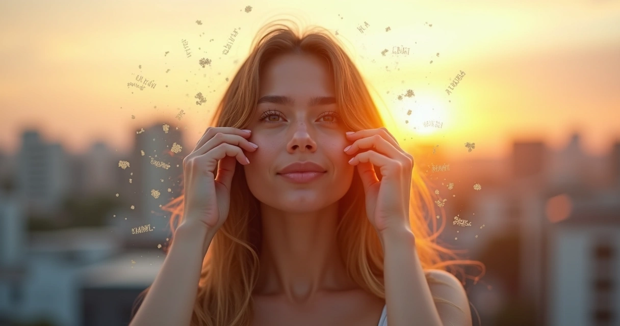 Mulher olhando para horizonte quebrando correntes mentais ao redor da cabeça 