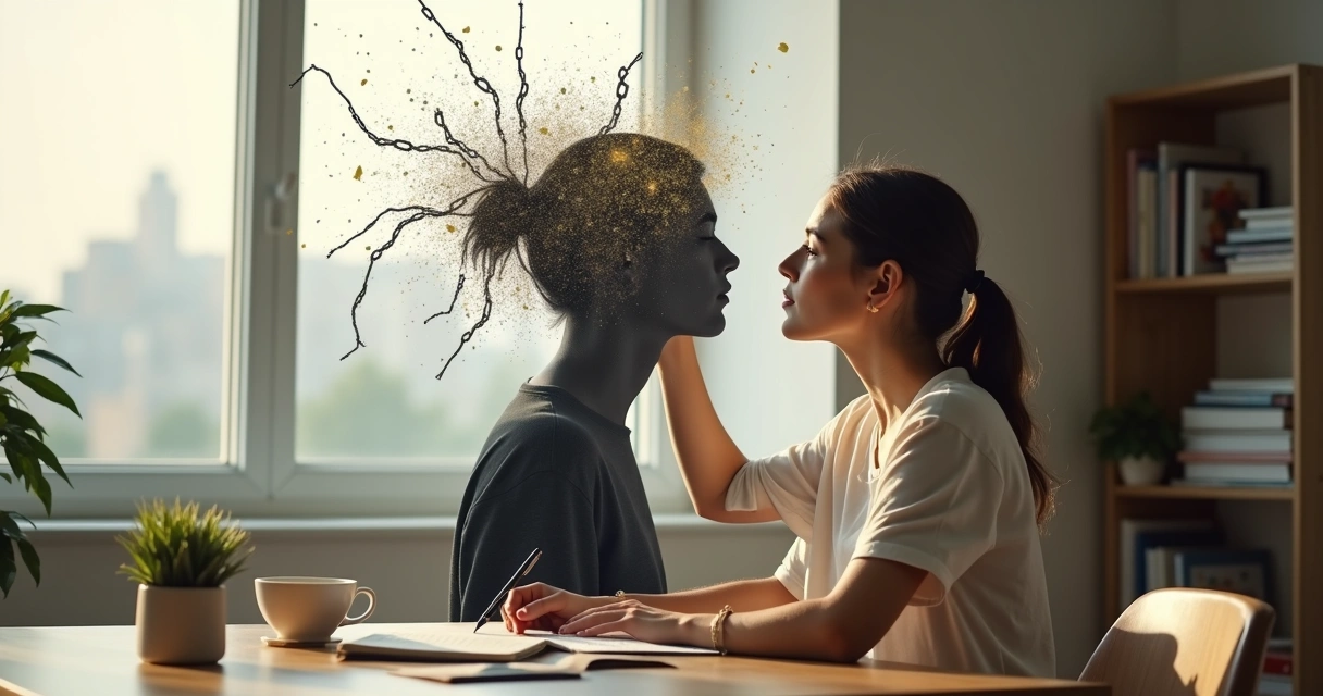 Pessoa contemplativa quebrando correntes mentais em ambiente calmo 