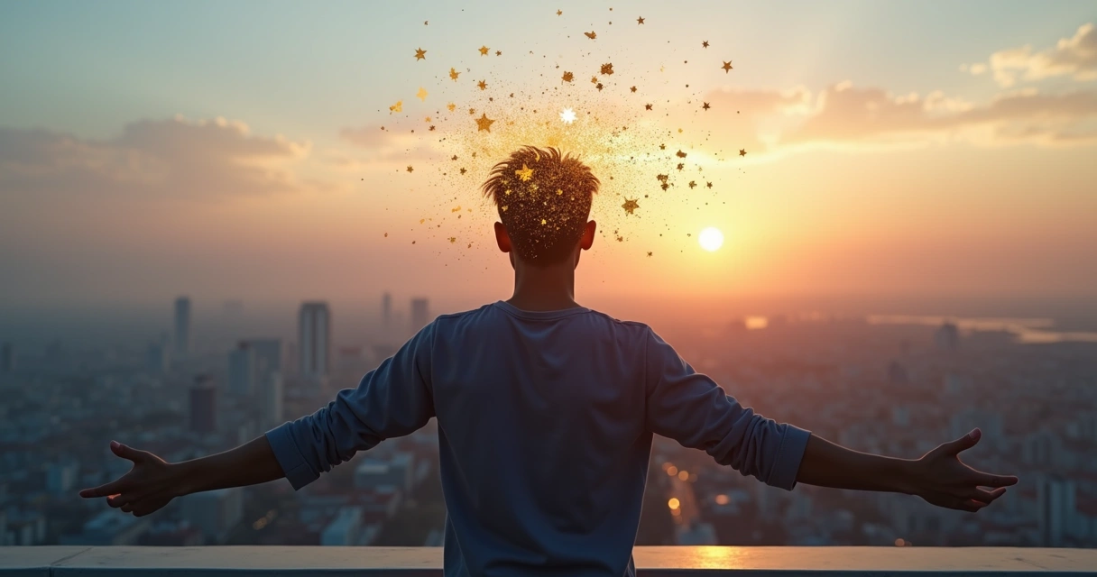 Pessoa olhando para paisagem urbana enquanto correntes ao redor da cabeça se desfazem em luz 