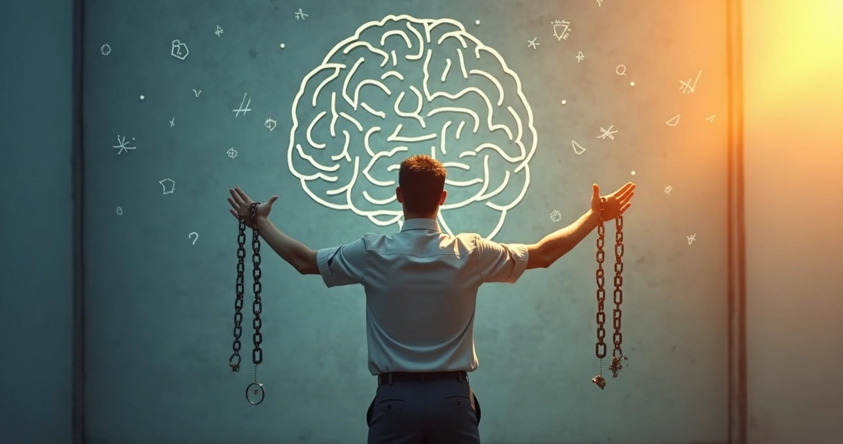 Pessoa rompendo correntes mentais diante de um labirinto desenhado em forma de cérebro 