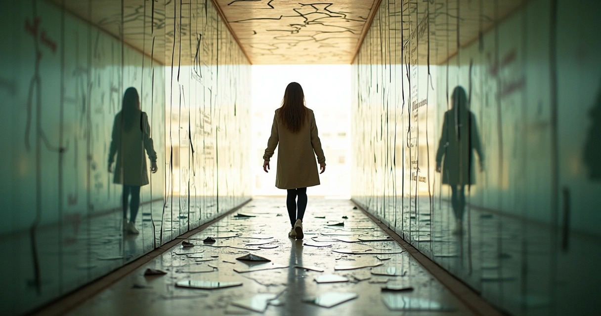 Mulher atravessando túnel de espelhos quebrados simulando pensamentos limitantes 