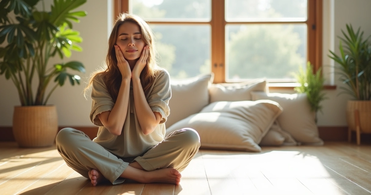 Mulher sentada em posição de meditação, olhos fechados, em ambiente iluminado por luz natural 