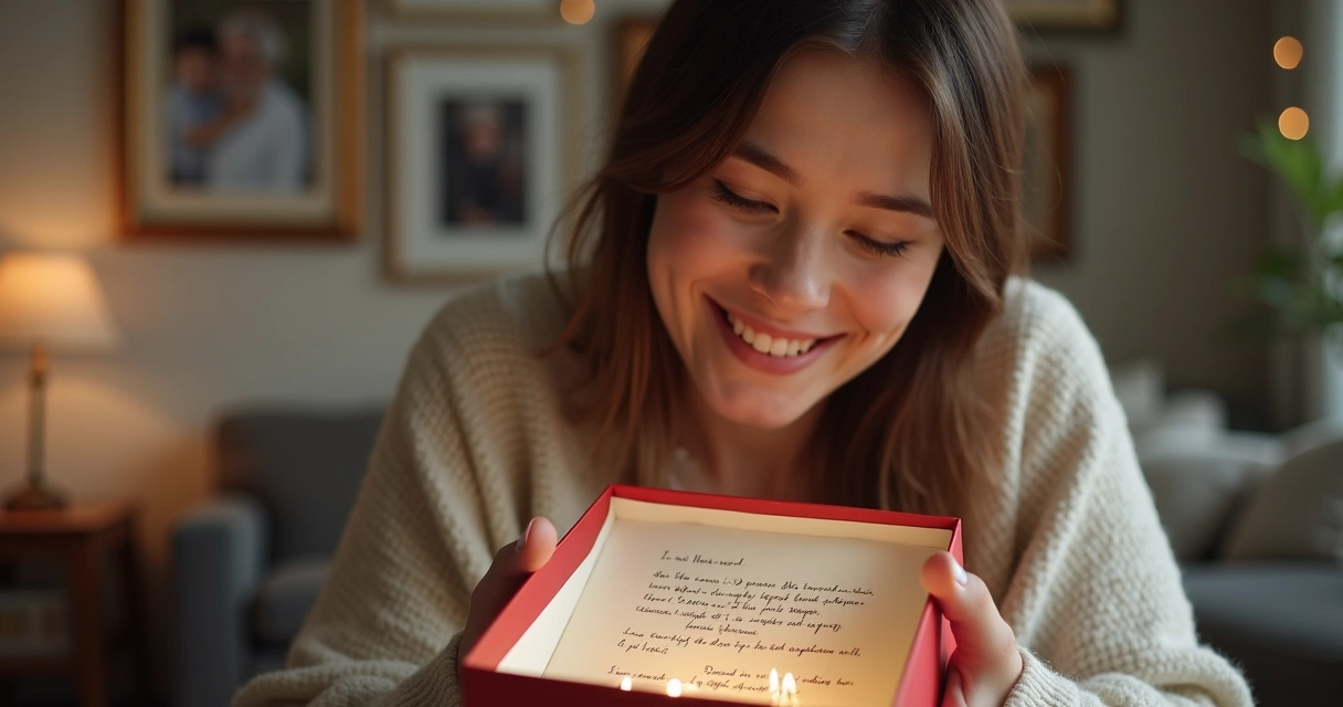 Mulher emocionada abrindo presente personalizado com bilhete 