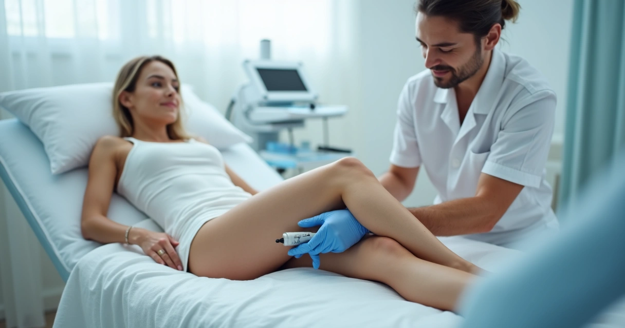 Paciente deitada recebendo escleroterapia nas pernas