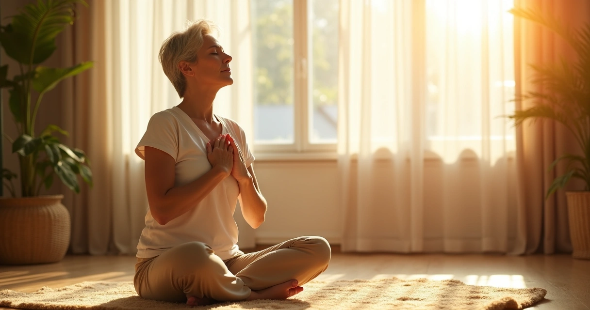 Mulher sentada em posição de lótus meditando com luz suave ao redor 