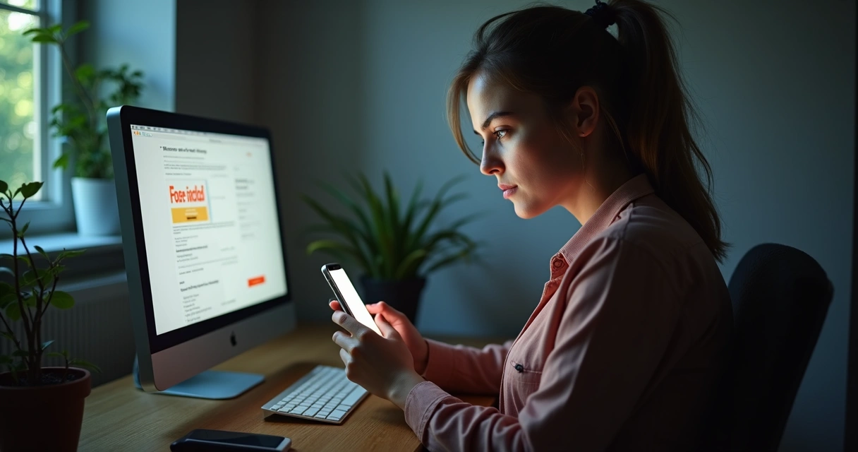 Mulher olhando preocupada para mensagem no celular 