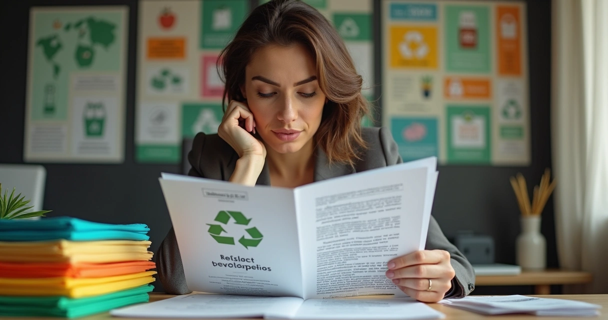 Mulher analisando documentos para destinação de imposto a projetos de reciclagem 