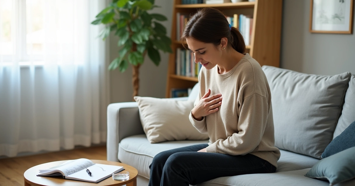 Mulher sentada no sofá tocando o peito e observando sinais de ansiedade em um caderno 