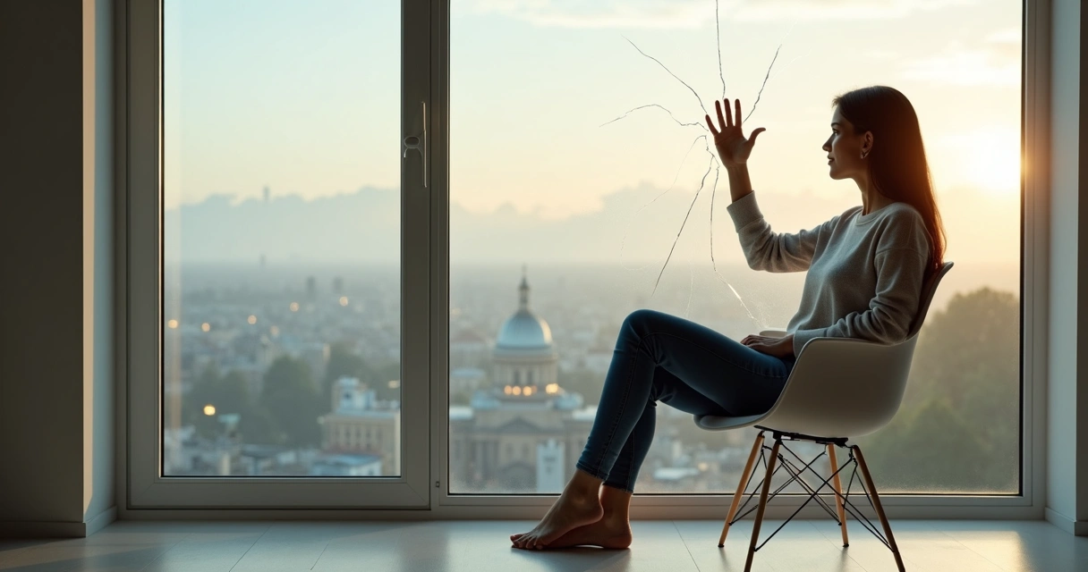Mulher sentada em reflexão tocando uma janela rachada que se reconstrói em paisagem clara 