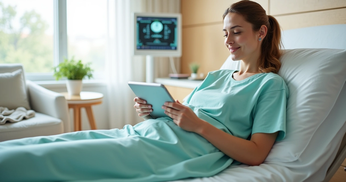 Mulher deitada em cama de hospital moderno mexendo no tablet em recuperação tranquila 