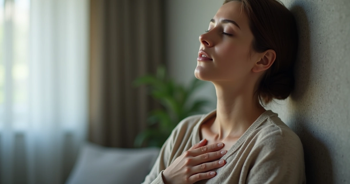 Mulher encostada em uma parede, olhos fechados, respirando fundo em um ambiente iluminado por luz suave 