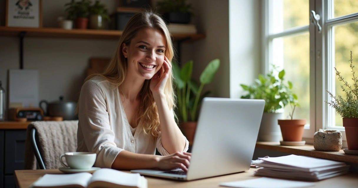 Mulher sorrindo trabalhando em notebook em ambiente aconchegante 