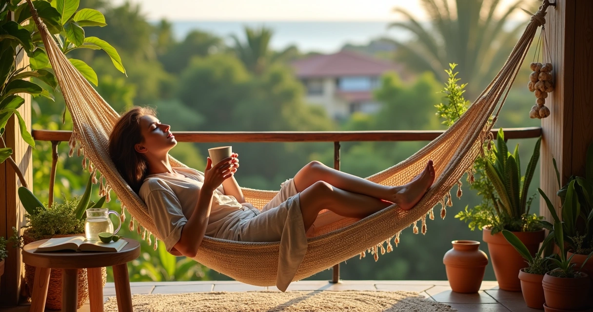 Pessoa descansando em rede em varanda rodeada de plantas e luz suave 