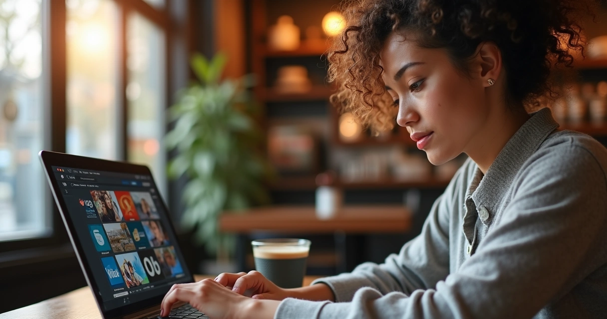 Mulher trabalhando com redes sociais no café