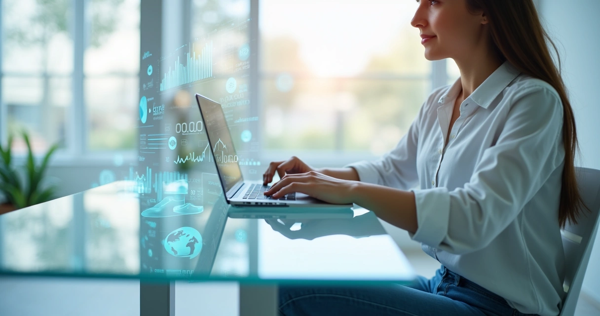 Mulher sentada à mesa digitando prompt em laptop com gráficos digitais ao fundo. 
