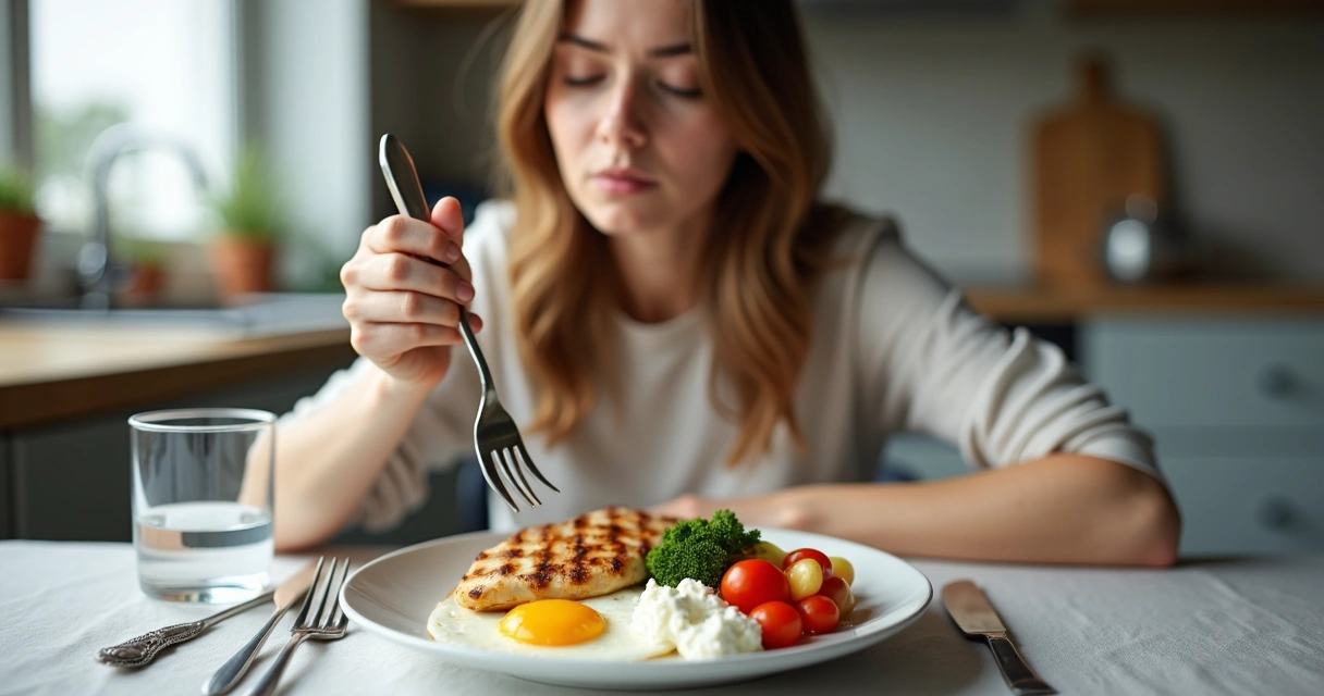 Mulher sentada à mesa com refeição rica em proteína, legumes e água 