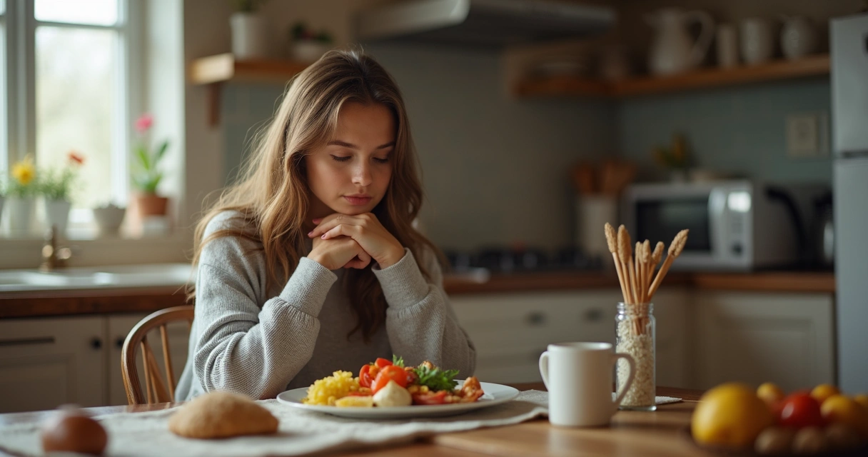 Mulher sentada à mesa olhando para um prato de comida, refletindo 