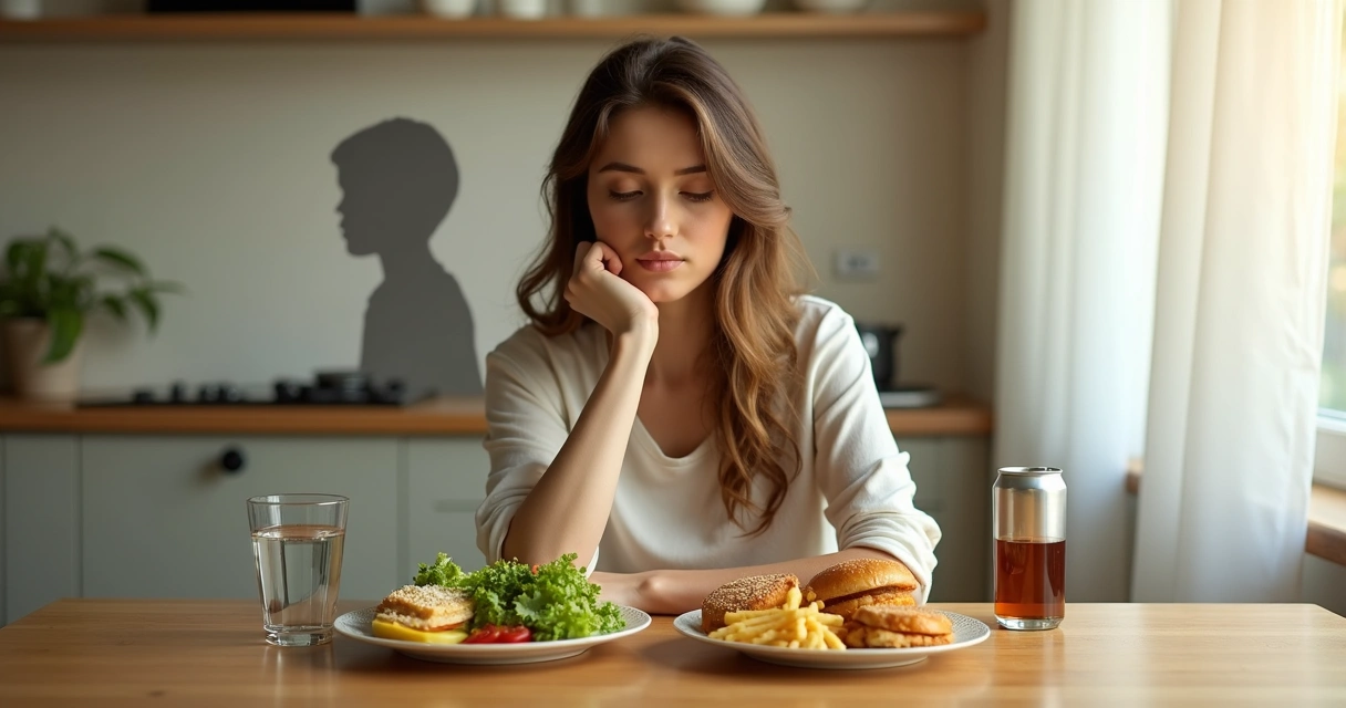 Mulher pensativa diante de prato de comida saudável e junk food lado a lado 