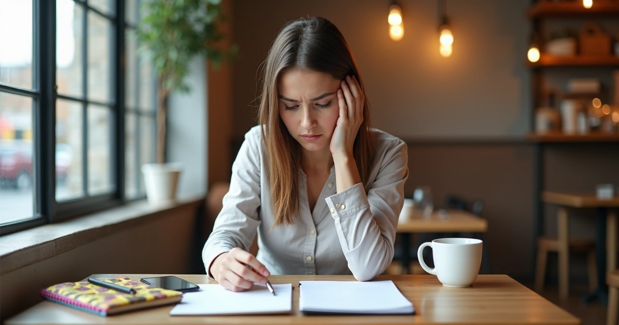 Mulher pensativa em uma cafeteria olhando para duas opções de cardápio 