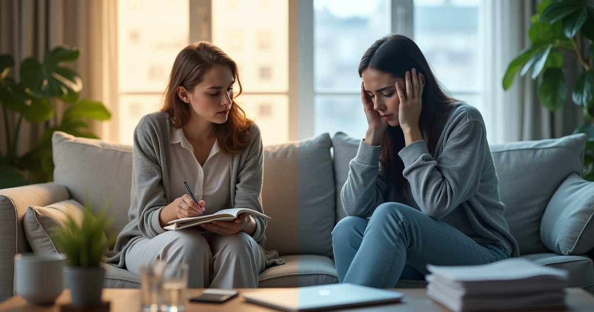 Mulher sentada no sofá dividida entre calma e ansiedade 