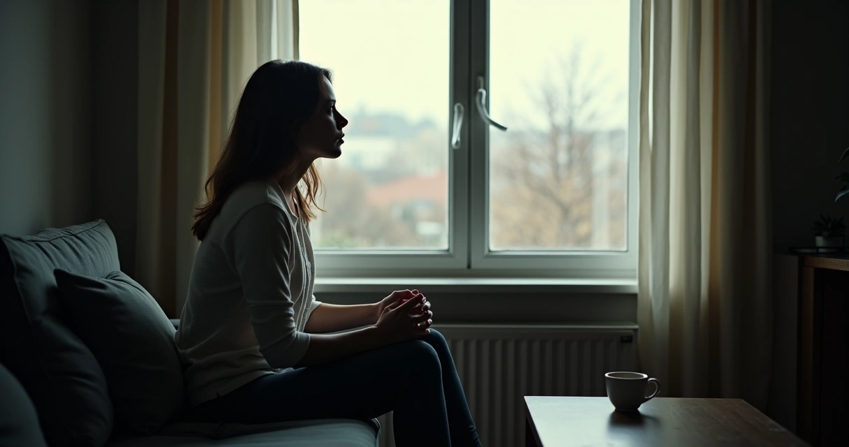 Mulher refletindo, com semblante ansioso, sentada em uma cadeira junto à janela