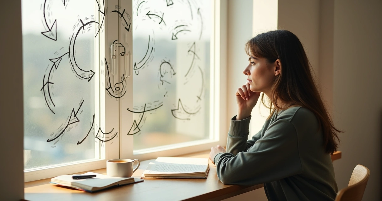 Mulher sentada refletindo em frente a um quadro com setas mentais repetitivas 