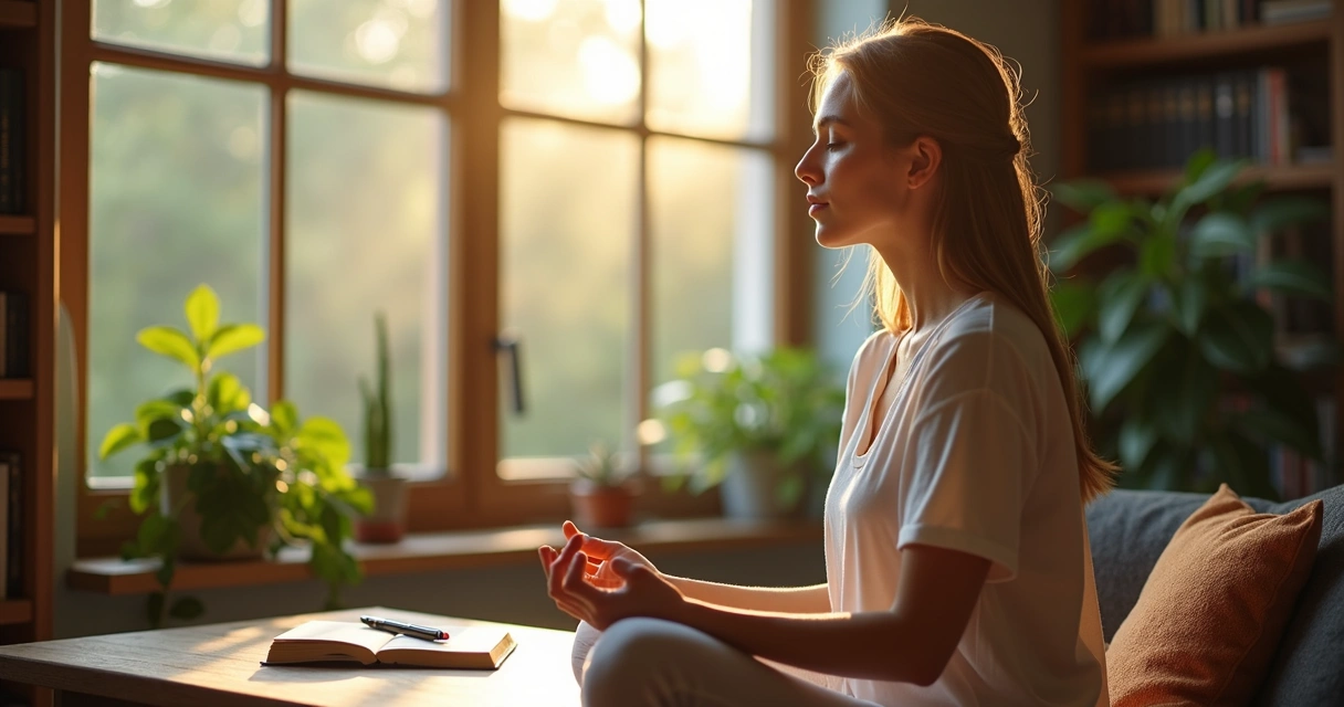 Mulher sentada em um ambiente claro, meditando e refletindo sobre autoconhecimento com elementos naturais ao redor 