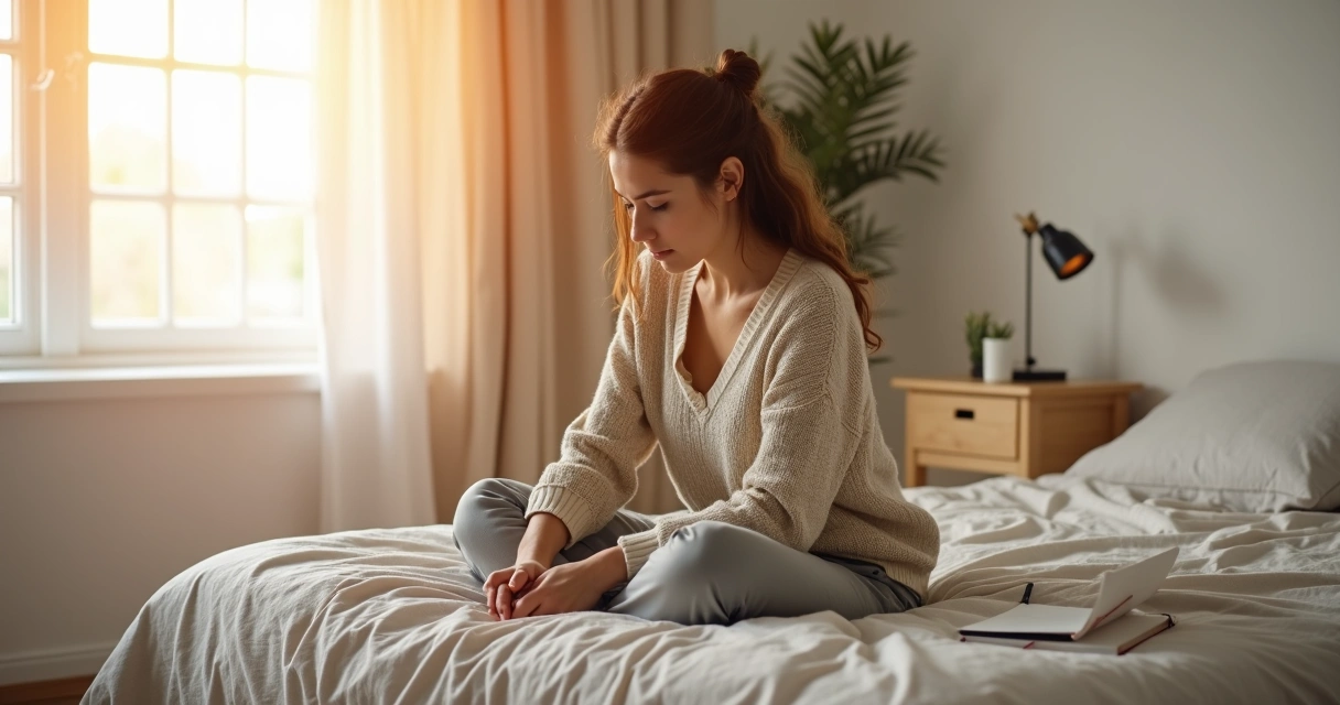 Mulher sentada na cama refletindo com expressão serena 