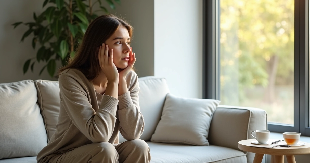 Mulher sentada olhando pela janela em momento de autocrítica e reflexão tranquila 