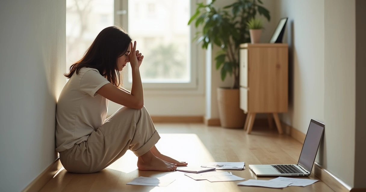 Mulher sentada no chão encostada na parede refletindo sobre autossabotagem 
