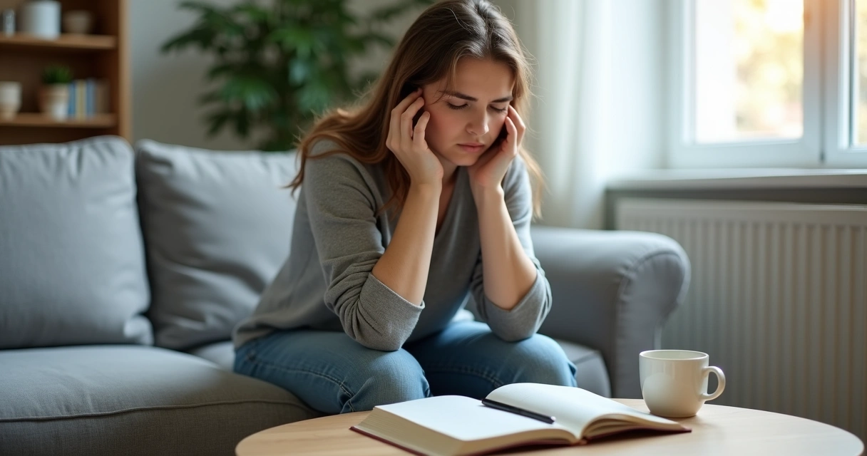Mulher sentada no sofá olhando pela janela em momento de reflexão emocional 