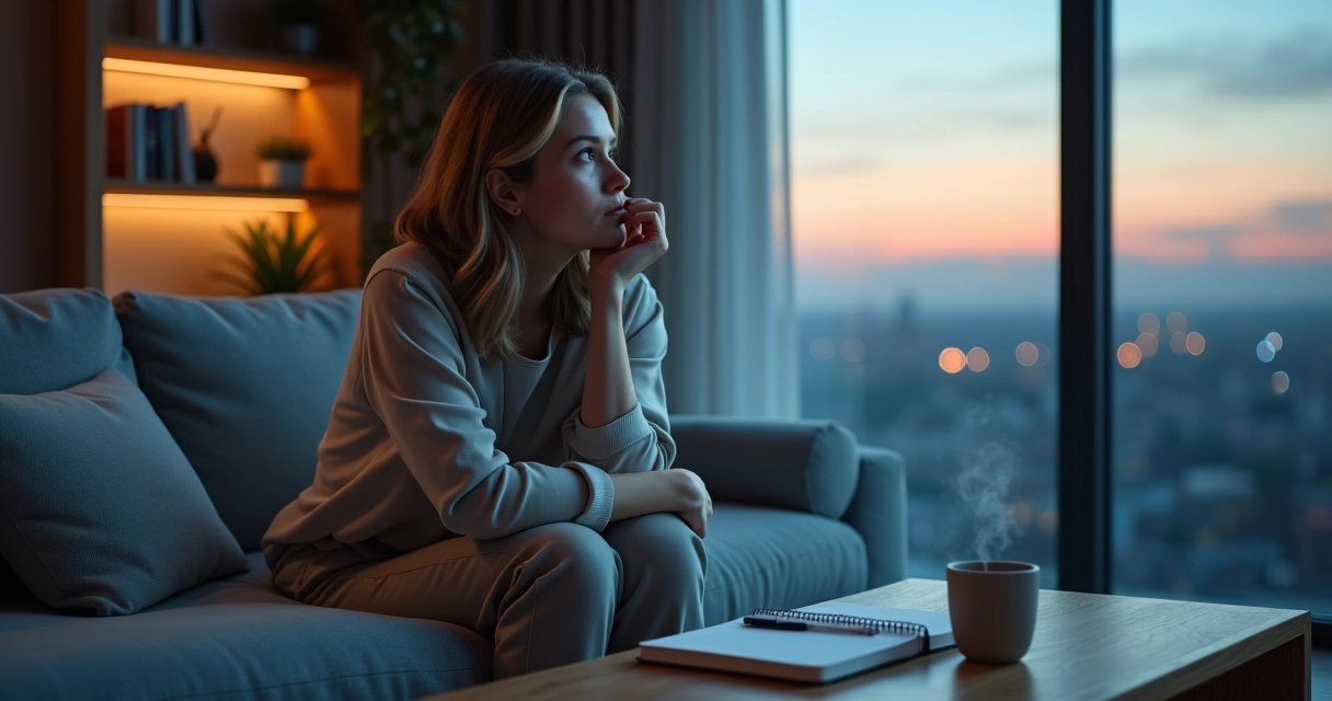 Mulher sentada no sofá olhando para janela em reflexão profunda 