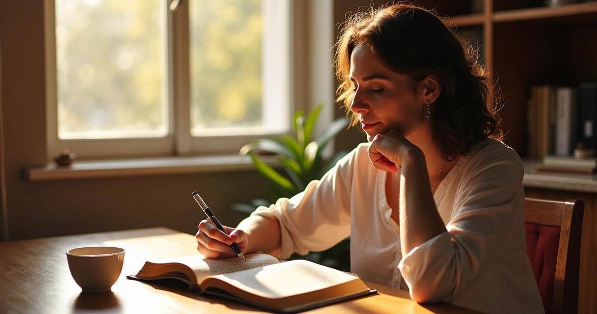 Mulher lendo a Bíblia e refletindo com um caderno ao lado 