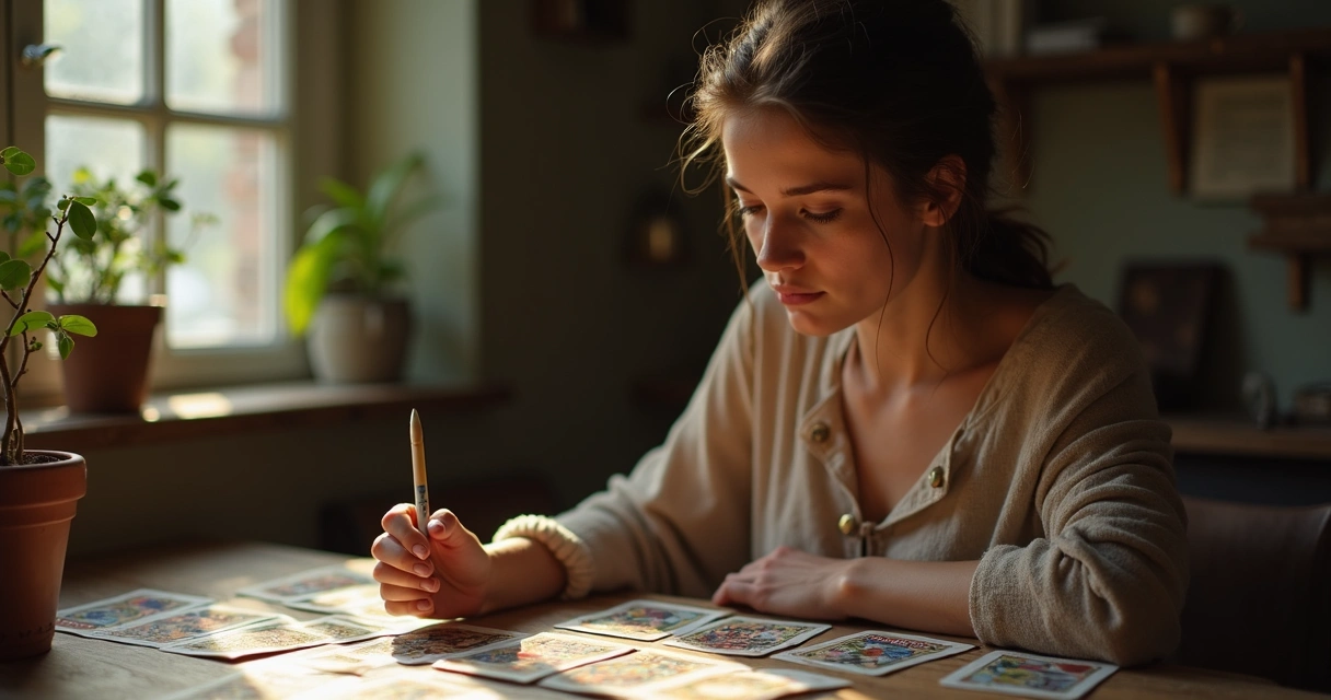 Mulher sentada olhando cartas de baralho cigano sobre a mesa, expressão pensativa 