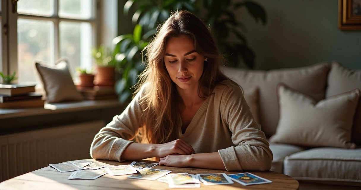 Mulher refletindo enquanto observa cartas de tarot 